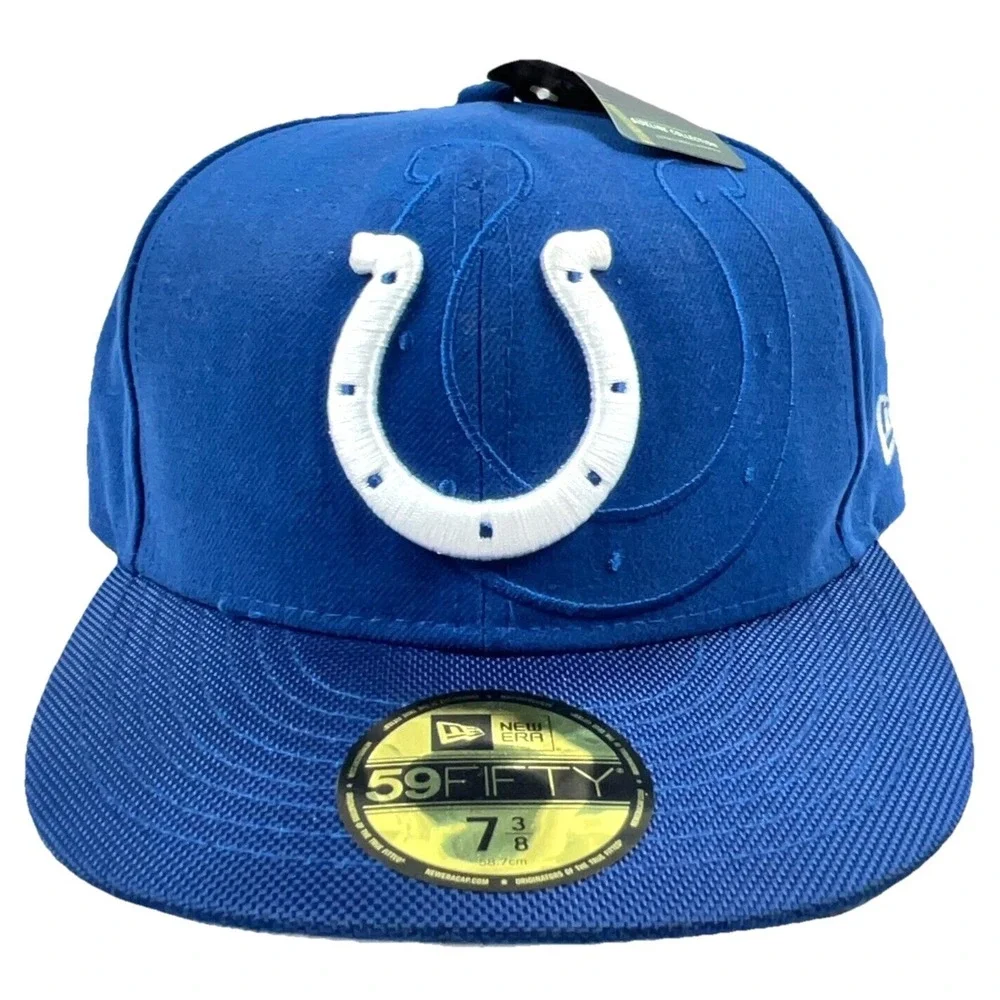 Indianapolis Colts Hat Cap Fitted 7 3/8 59Fifty Big‎ Plain Logo Blue On Field